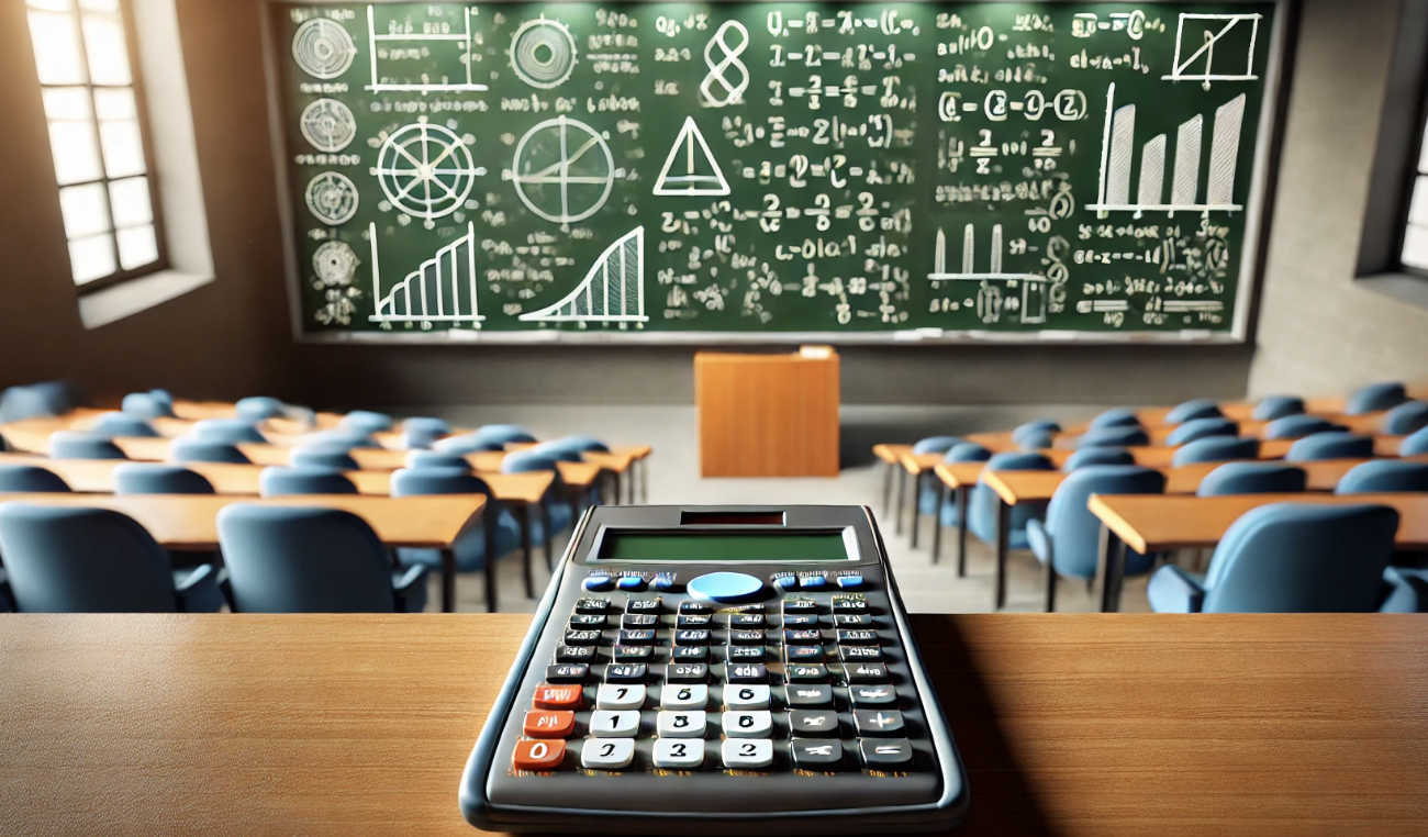 대학 강의실의 강단 위에 놓인 공학용 계산기, 배경에는 복잡한 수학 공식과 다이어그램이 적힌 칠판