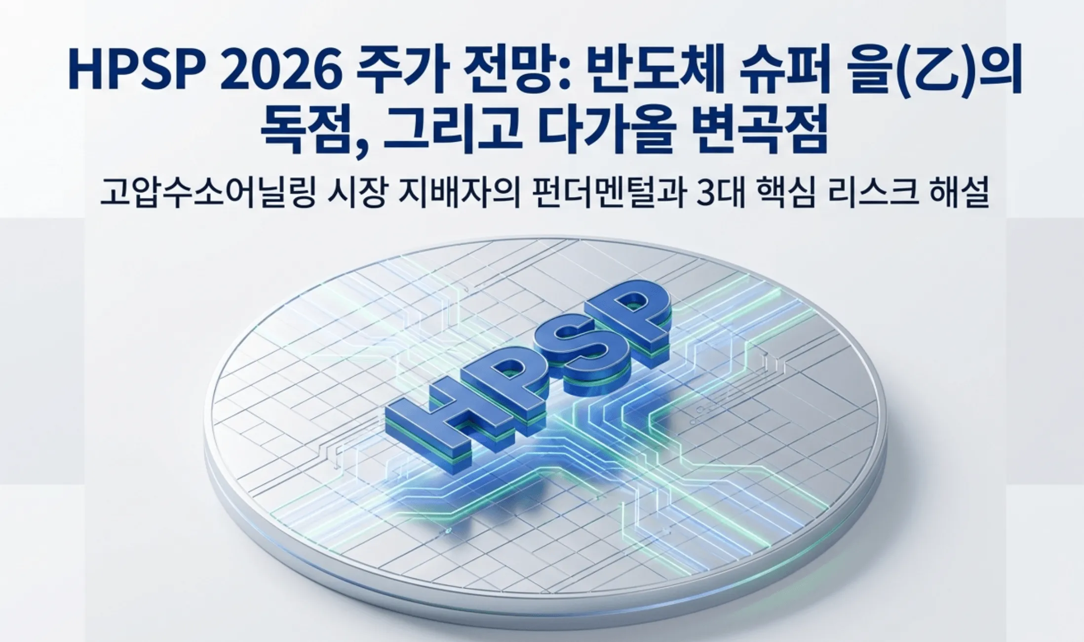 'HPSP 2026 주가 전망: 반도체 슈퍼 을(乙)의 독점, 그리고 다가올 변곡점'이라는 제목과 '고압수소어닐링 시장 지배자의 펀더멘털과 3대 핵심 리스크 해설'이라는 부제가 적힌 대표 이미지. 반도체 웨이퍼 위에 HPSP 로고가 입체적으로 놓인 모습을 담고 있음. 이 이미지는 HPSP의 고압수소어닐링 세계 독점 지위와 주가 전망, 특허&middot;매각&middot;D램 수주라는 핵심 변수를 시각적으로 전달하며, 블로그의 HPSP 종목 분석 주제를 대표함