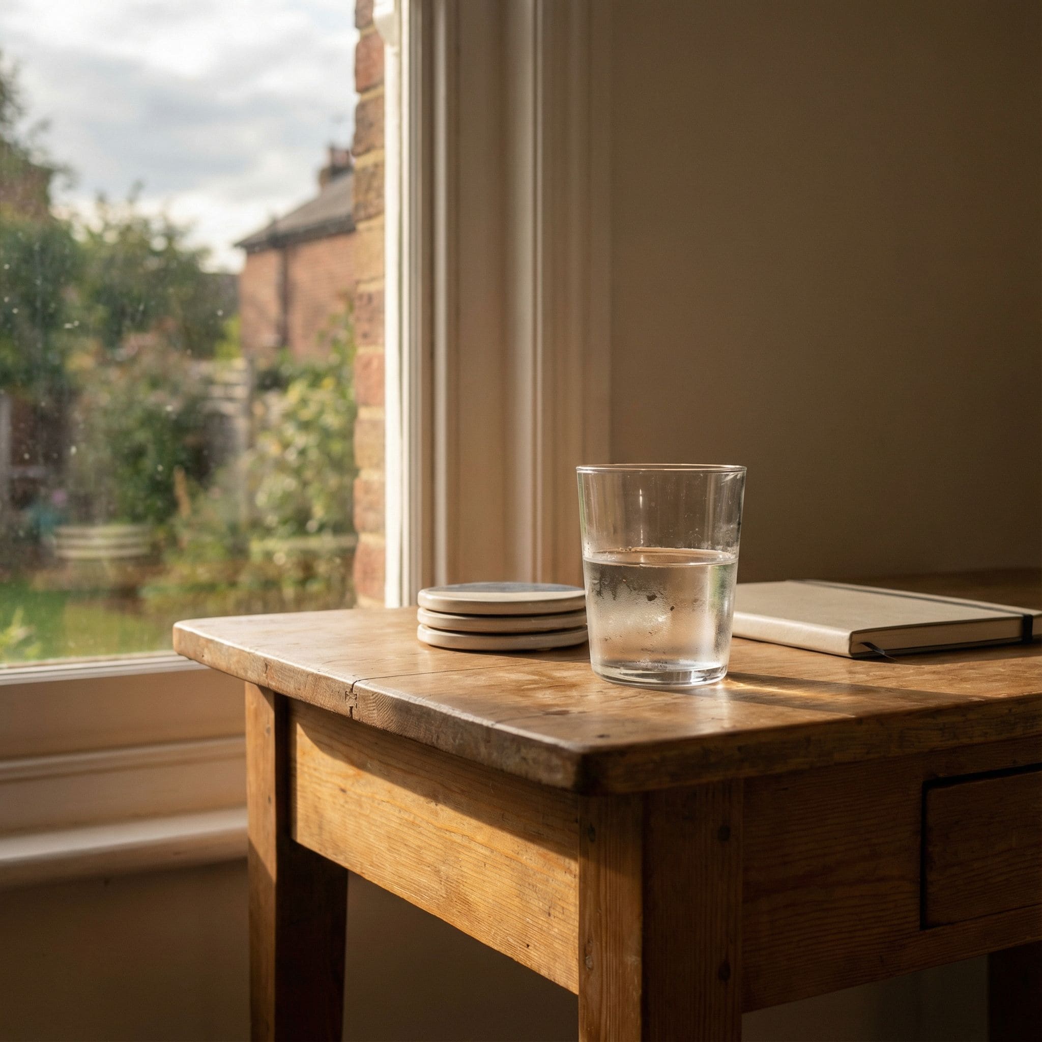 오후에 책상 위에 놓인 물컵과 조용한 일상 공간
