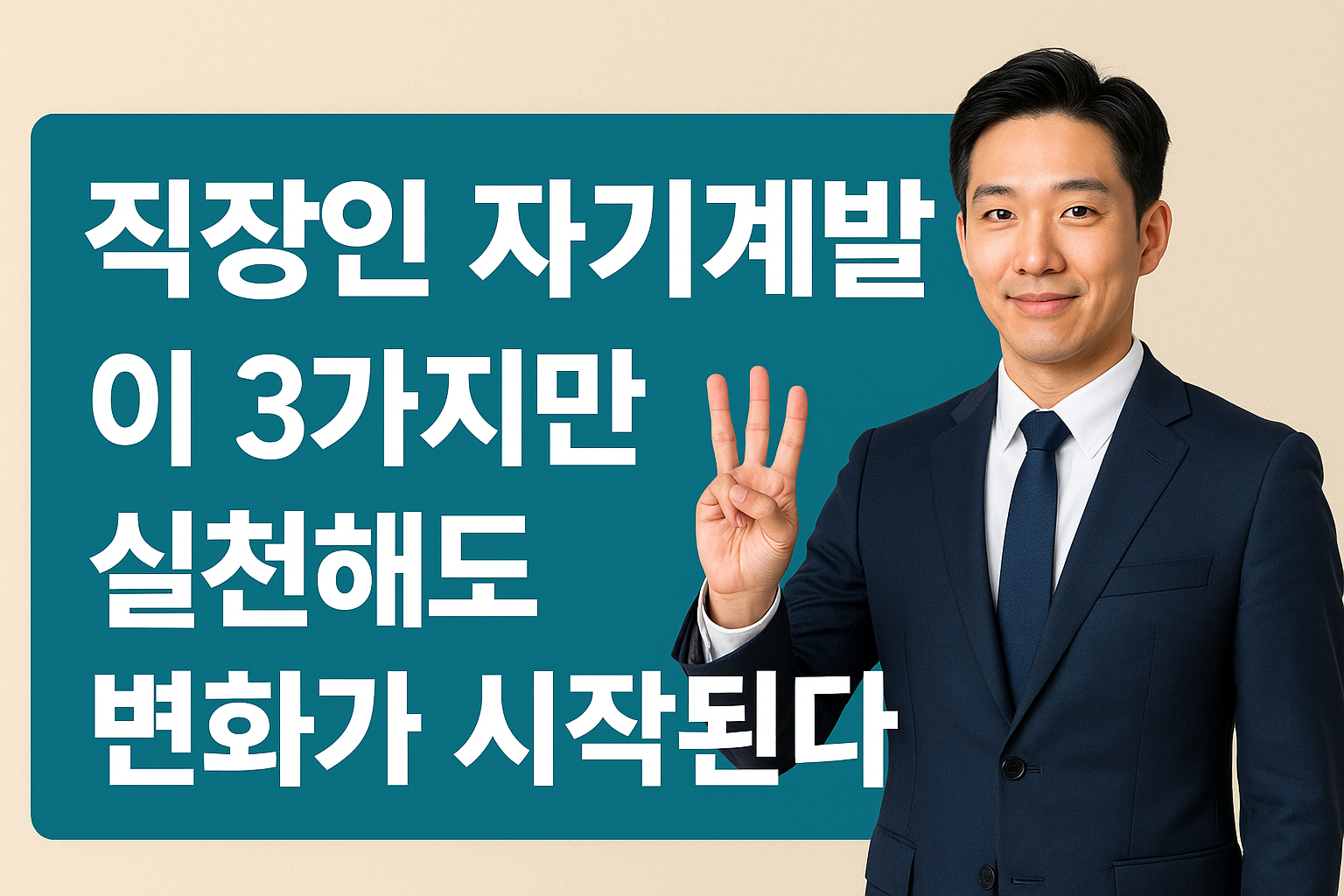 정장을 입은 직장인이 손가락으로 3을 표시하며 자기계발 3가지 실천을 강조하는 모습