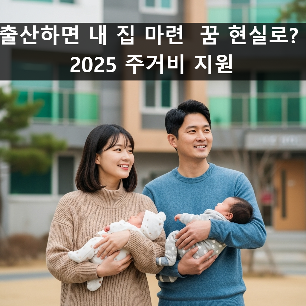 아기를 안고 행복하게 웃는 젊은 한국인 부부가 밝고 현대적인 아파트 건물 앞에 서 있는 모습. 희망찬 미래를 상징하는 가족 중심의 따뜻한 분위기.