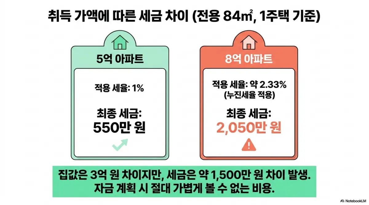 부동산 취득세: 1주택 전용 84제곱미터 기준으로 5억 아파트 취득세 550만 원과 8억 아파트 취득세 2050만 원을 나란히 비교한 인포그래픽 이미지. 이 이미지는 집값 3억 원 차이에 세금이 약 1500만 원 차이 난다는 정보를 시각적으로 전달하며 블로그의 부동산 취득세 계산 예시와 관련된 내용을 설명함