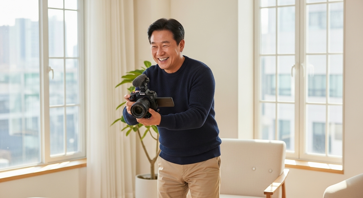 50대 남성이 홈 스튜디오에서 촬영 중 미소 짓는 모습