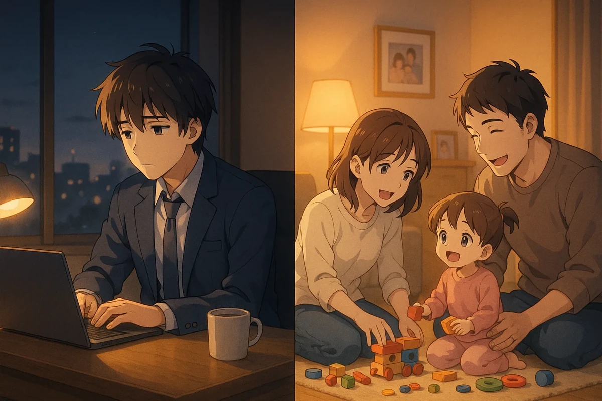 싱글 직장인과 아이가 있는 부부의 모습이 교차되는 감성적인 대표 이미지
