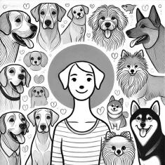 사람의몸과 개의얼굴을 통합합 주인공과 주변에 여러 개의 이미지를 생성하여 사람과 개의 반려견 친화력을 표현한 썸네일