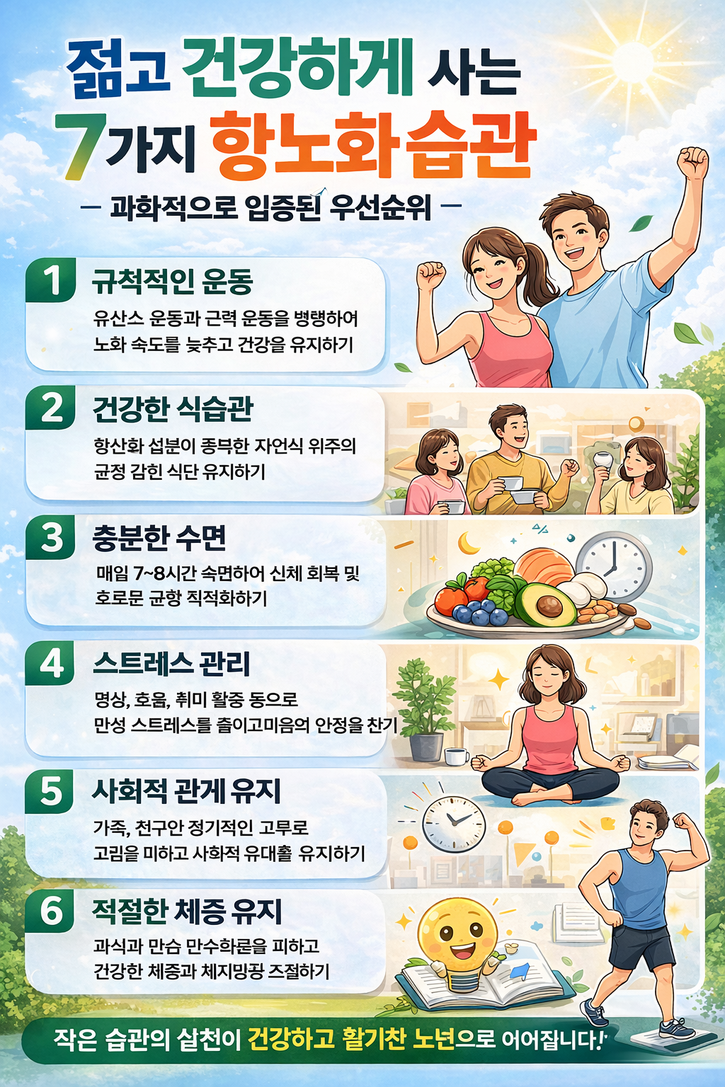 항노화 7가지 습관 과학적 근거 &mdash; Zone2 운동 수면 단식 항산화 스트레스 관리 효과 순위