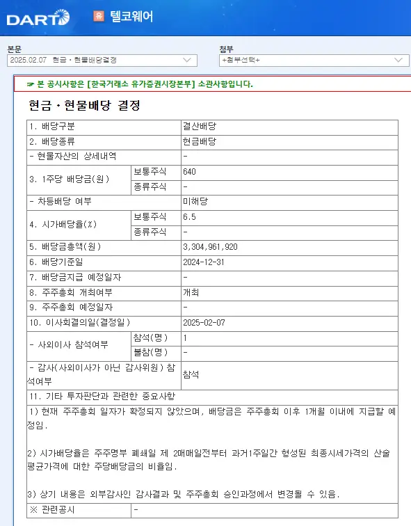 텔코웨어(078000) 2025년 배당금, 배당일, 배당락일