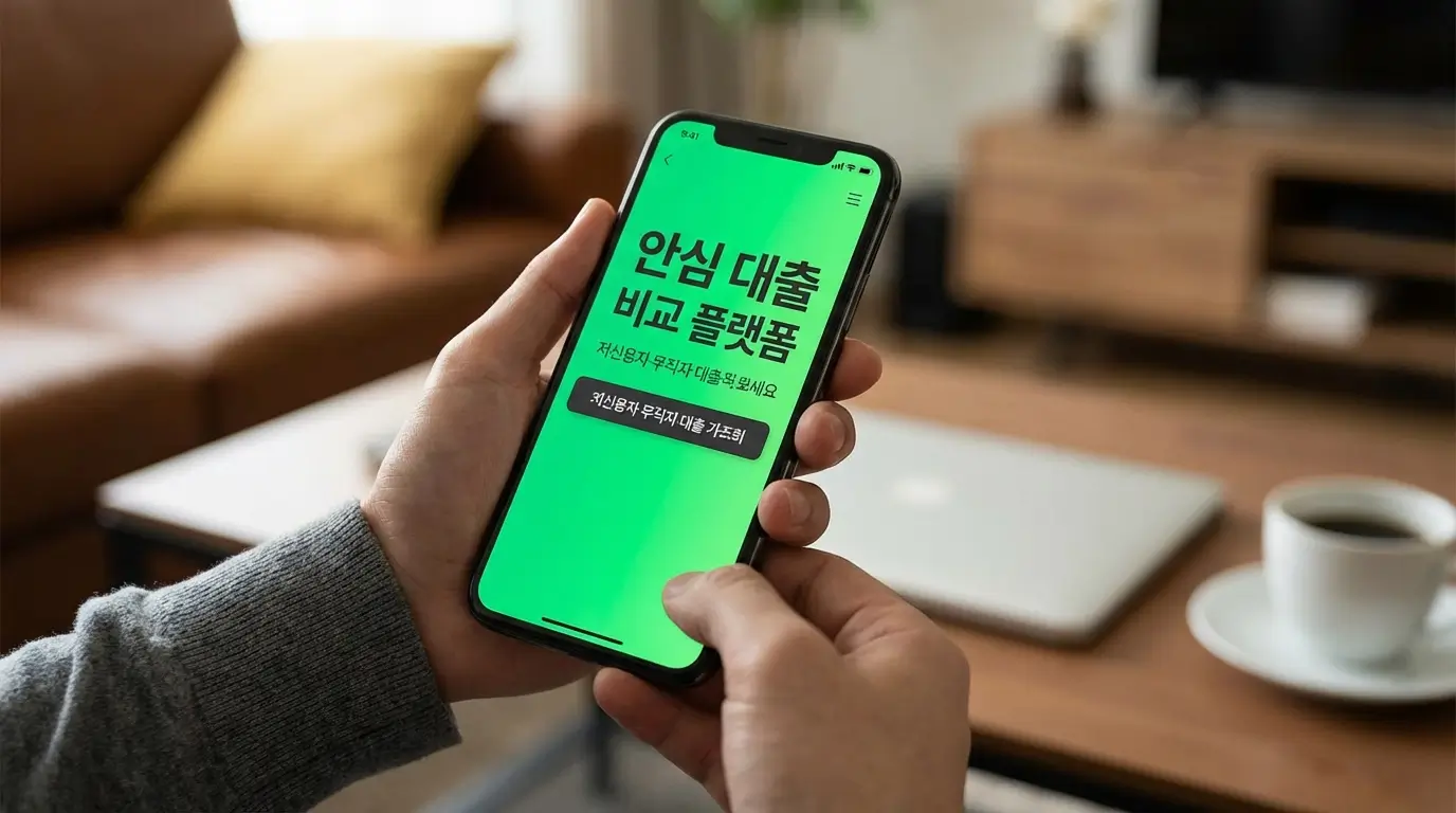 스마트폰 안심 대출 비교 플랫폼을 통해 불법 사채를 피하고 안전하게 저신용자 무직자 대출을 가조회하는 모습