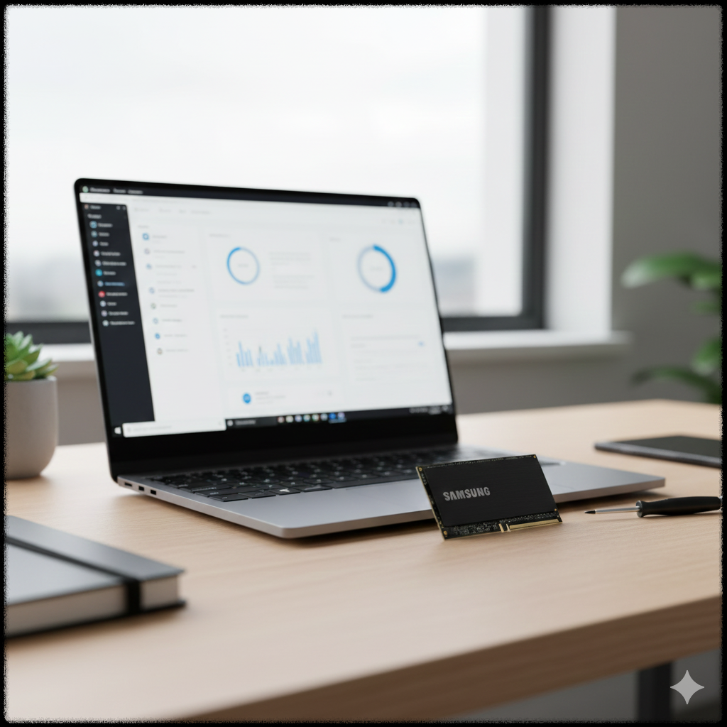 Windows 11 SSD 교체를 위해 SSD와 백업을 준비하는 모습