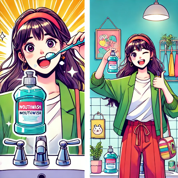 올바른 양치질과 구경청결제를 사용하고 좋아하는 여성의 이미지