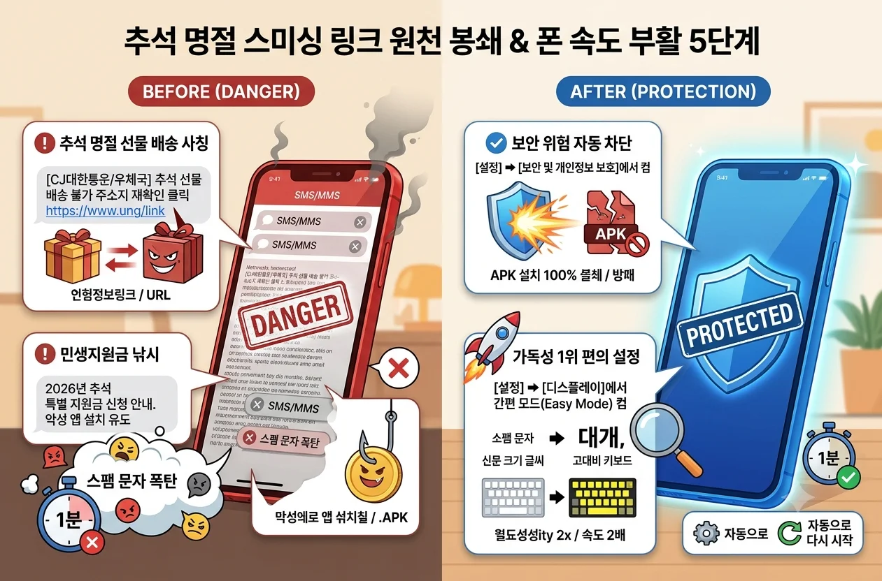 추석 선물 택배 배송 사칭 스미싱 문자 팝업 및 악성 링크 클릭 위험 안내 인포그래픽