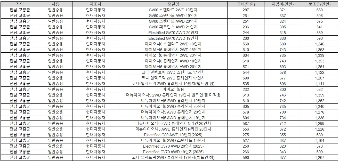 2025년 전남 고흥군 전기차 보조금