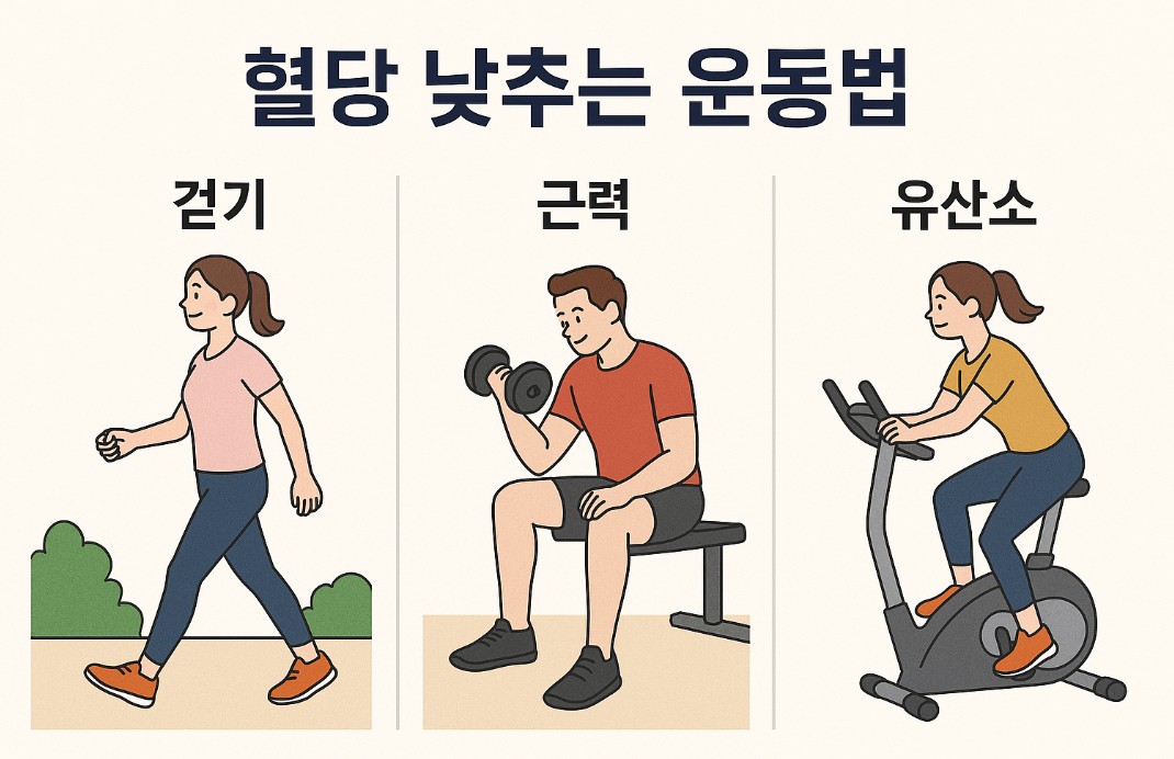 혈혈당을 낮추는 운동법을 주제로 한 한국어 디지털 일러스트 이미지로, 왼쪽에는 공원에서 걷는 사람, 가운데에는 아령을 드는 여성, 오른쪽에는 러닝머신에서 유산소 운동을 하는 남성이 각각 묘사되어 있음