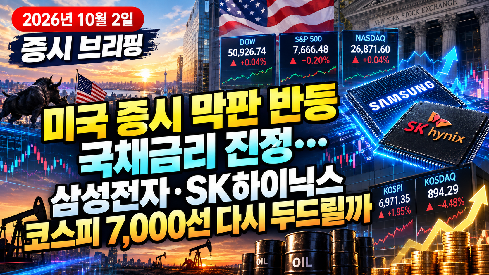 2026년 10월 2일 미국 증시 반등과 국채금리, 삼성전자 SK하이닉스 코스피 7000선 전망