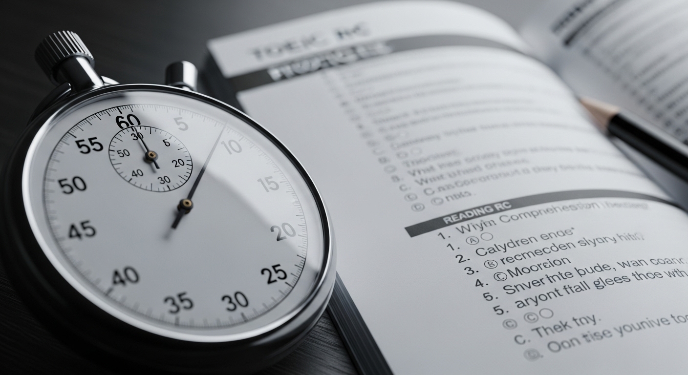 토익 RC 문제지와 스톱워치를 통해 시험 시간 관리의 중요성을 나타내는 이미지