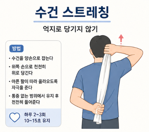등 뒤에서 수건을 잡고 정상 쪽 팔로 천천히 당겨 아픈 어깨의 움직임을 늘리는 수건 스트레칭 이미지