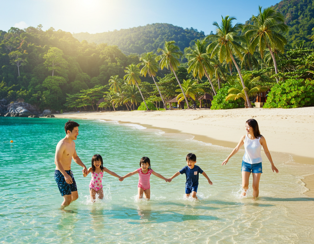 동남아 해변에서 가족들이 물놀이를 즐기고 있다. 생성이미지