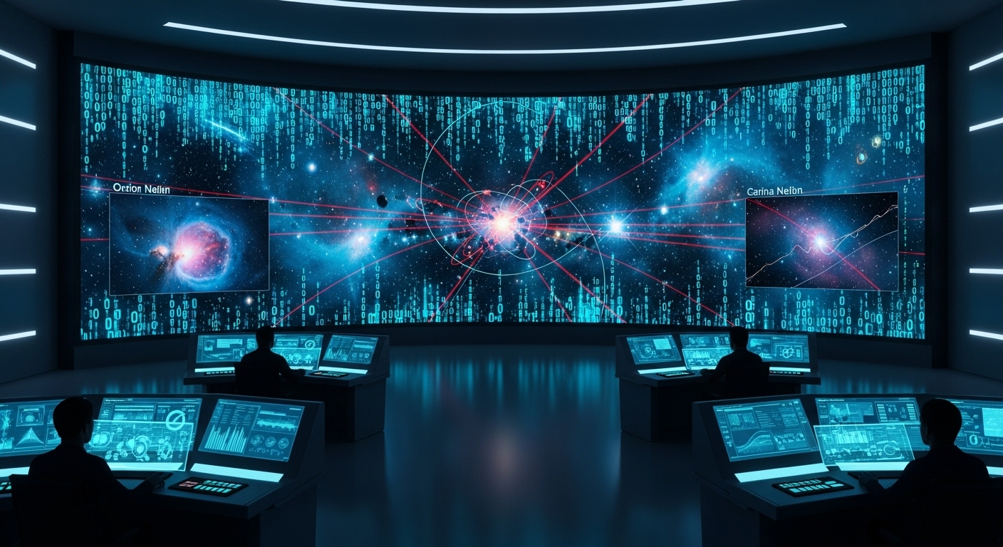 미래 지향적인 데이터 관제 센터의 모습. 거대한 벽면 스크린에 루빈 천문대가 전송한 밤하늘의 데이터 스트림(0과 1의 행렬, 그래프, 성운 이미지)이 쏟아져 내리고 있다. AI 알고리즘이 실시간으로 소행성 궤도(붉은색 선)나 초신성(밝은 점)을 찾아내 분석하는 장면.