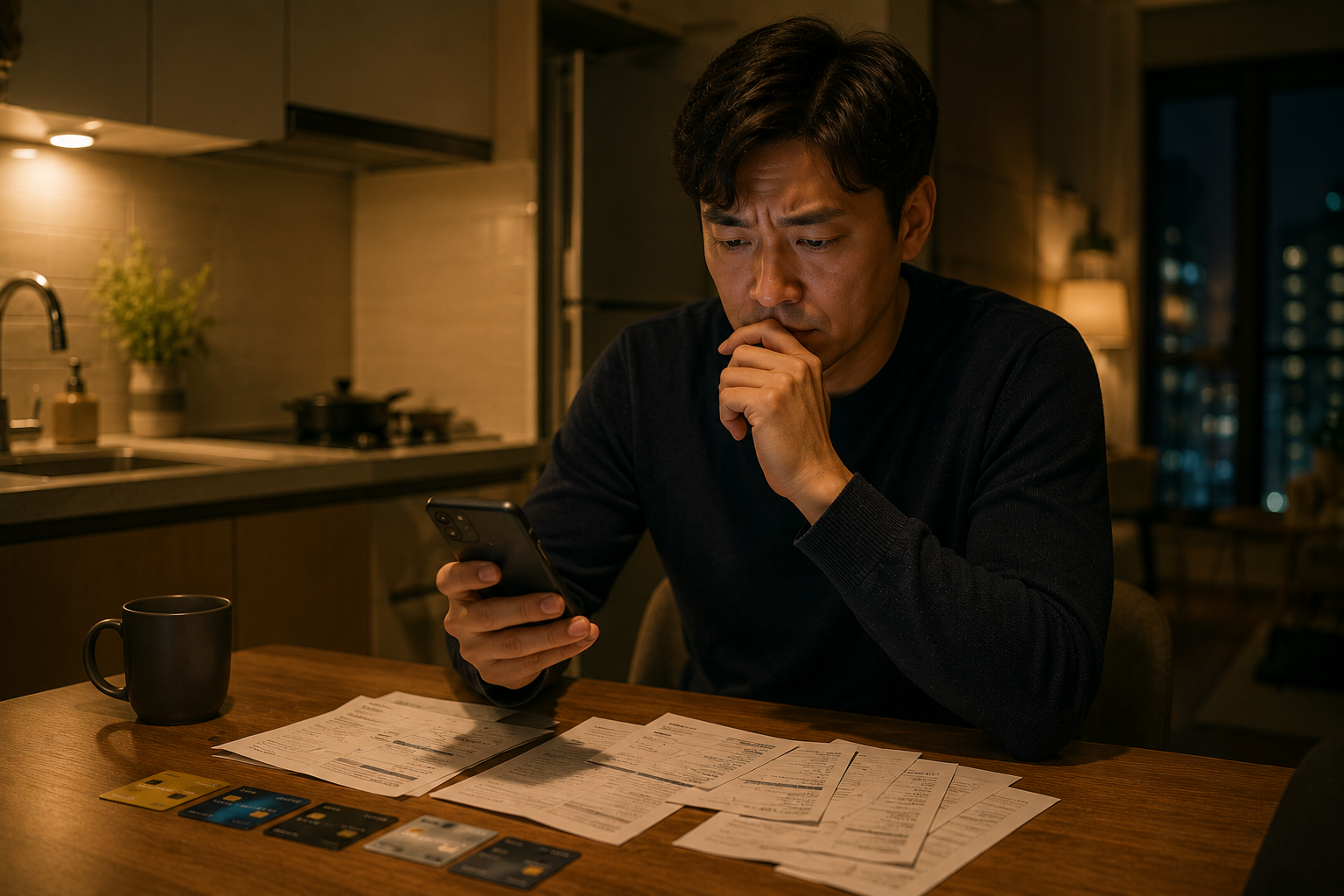 30대 후반 직장인 남성이 주방 테이블에 앉아 스마트폰을 들고 신용카드와 고지서를 앞에 두고 고민하는 장면.
밤 시간대 집 안, 조명이 약간 어두운 분위기.
급전이 필요한 상황에서 현금서비스를 써야 할지 고민하는 도입부에 배치할 이미지.