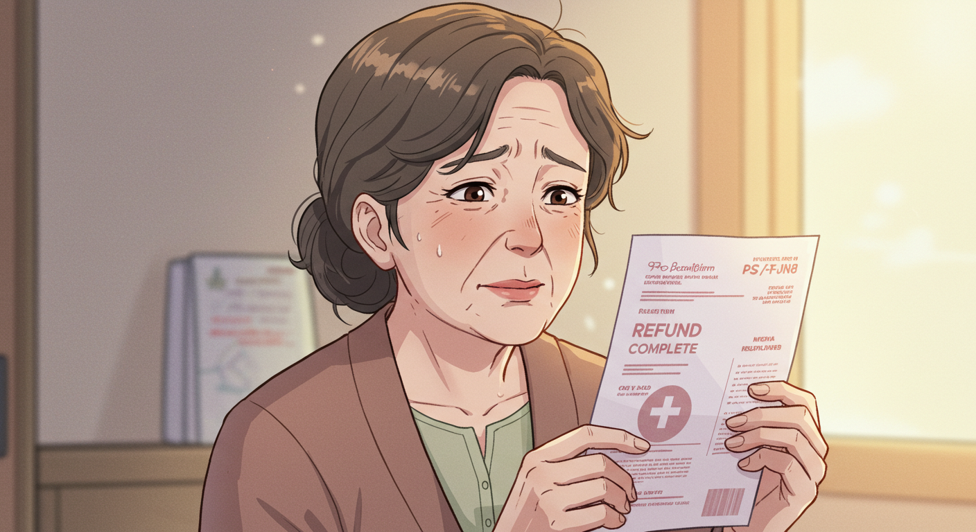 병원비 환급을 확인하고 안도하는 여성 일러스트