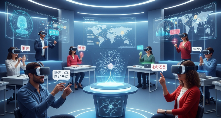미래 기술로 가상현실 속 AI 튜터와 몰입하여 언어를 학습하는 학생들