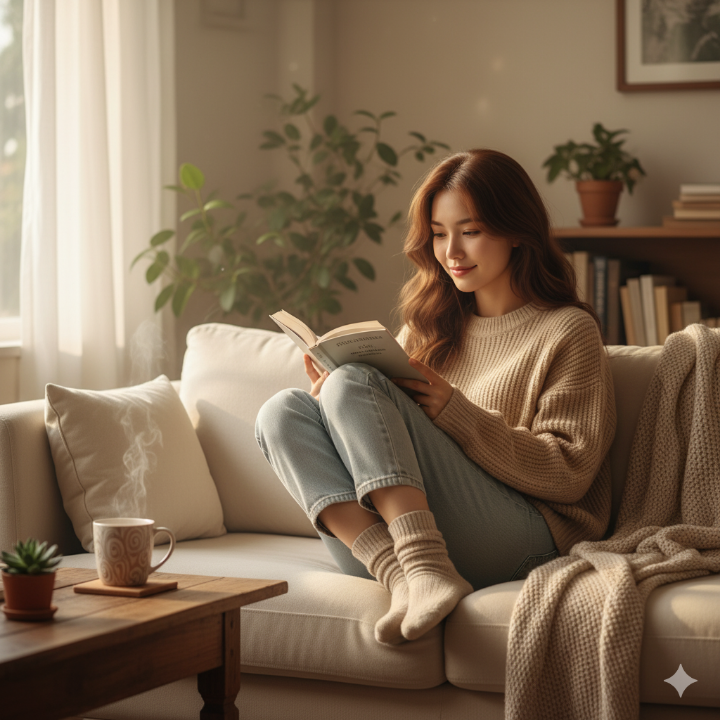 책을 읽고 있는 사람, 따뜻하고 편안한 느낌