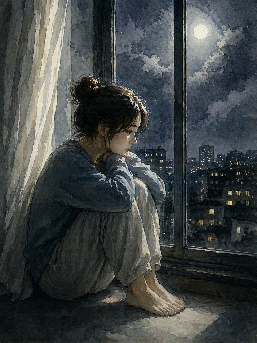 달빛이 비추는 창가에 웅크려 앉아 생각에 잠긴 여성의 수채화 일러스트, 인간관계에서 말하지 못한 감정과 쌓인 마음을 조용히 마주하는 상태를 표현한 이미지