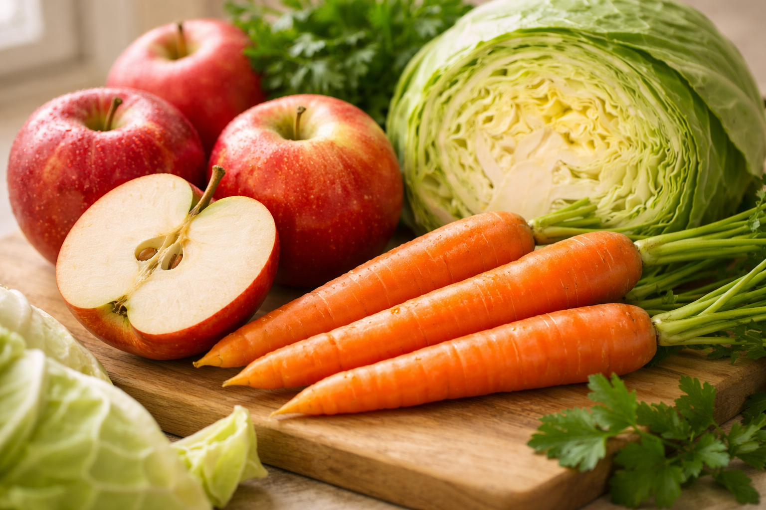 해독 주스 재료인 신선한 사과, 당근, 양배추가 바구니에 담겨 있는 모습