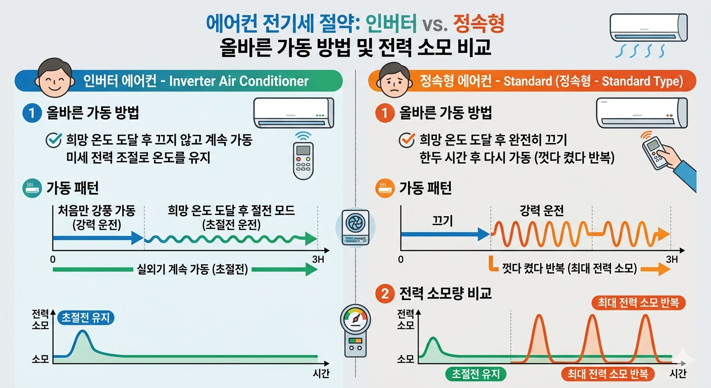 인버터 에어컨과 정속형 에어컨의 올바른 가동 방법 및 전력 소모 차이를 비교한 안내 이미지