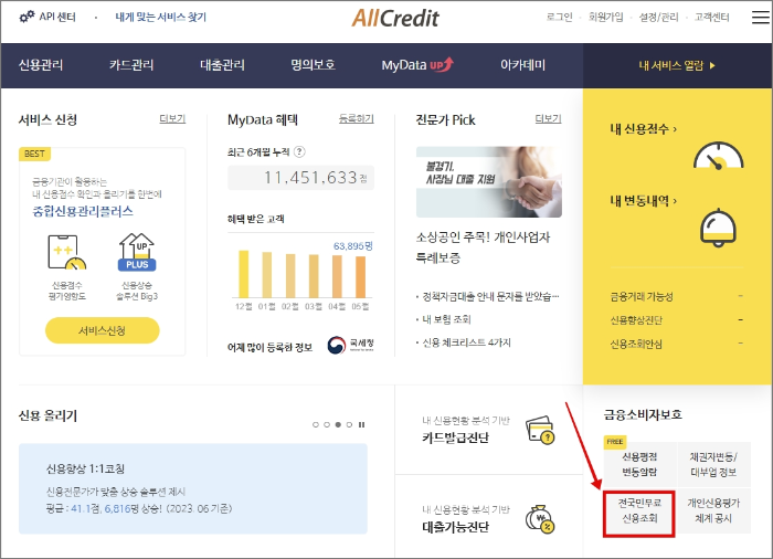올크레딧 홈페이지 화면_메뉴구성