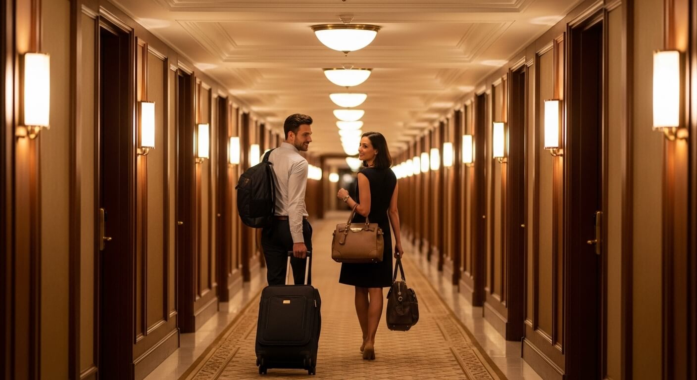 호텔 복도를 걸으며 체크인하는 커플 여행객