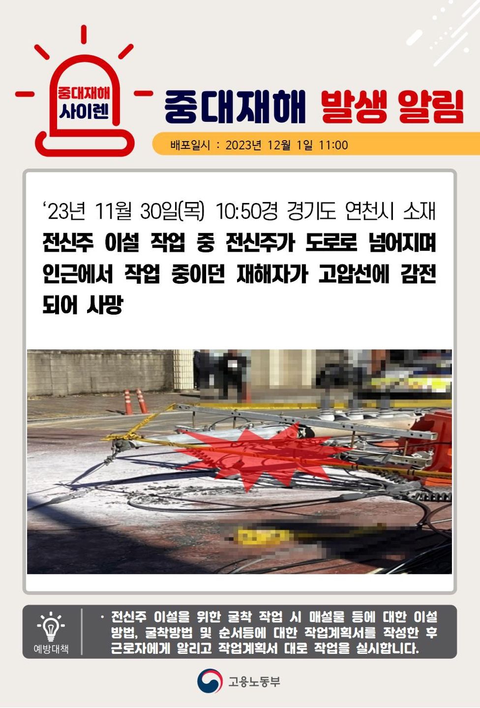 전신주 이설 작업 중 전신주가 넘어져 인근 작업자가 고압선에 감전