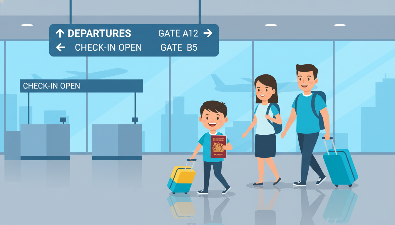 출국납부금 면제 대상인 어린이가 여권을 들고 있는 공항 일러스트