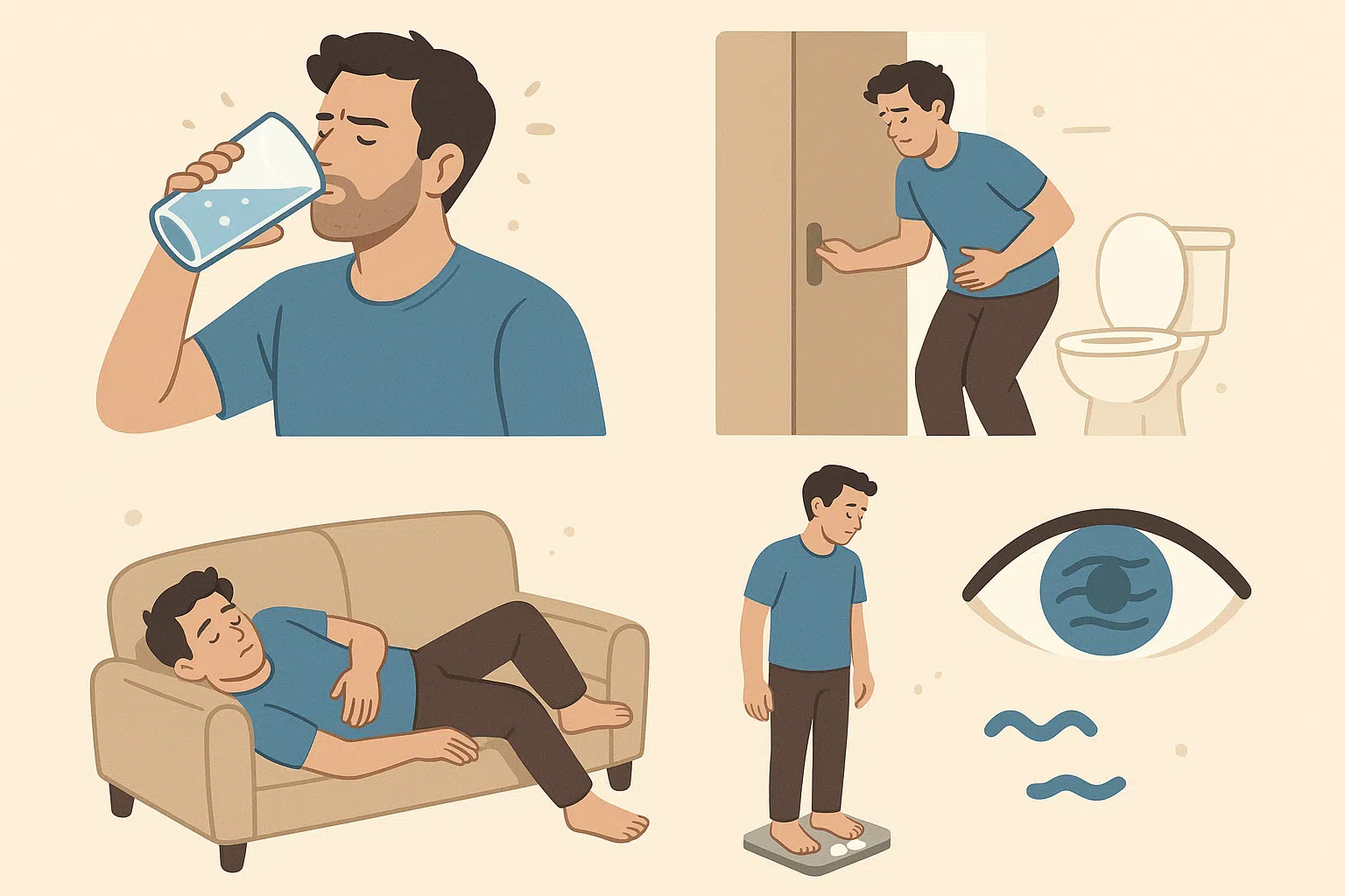 갈증으로 물을 많이 마시는 사람, 화장실을 자주 찾는 장면, 피곤해 소파에 누운 인물, 체중계 위에 올라선 인물(체중 감소), 시야가 흐려 보이는 눈