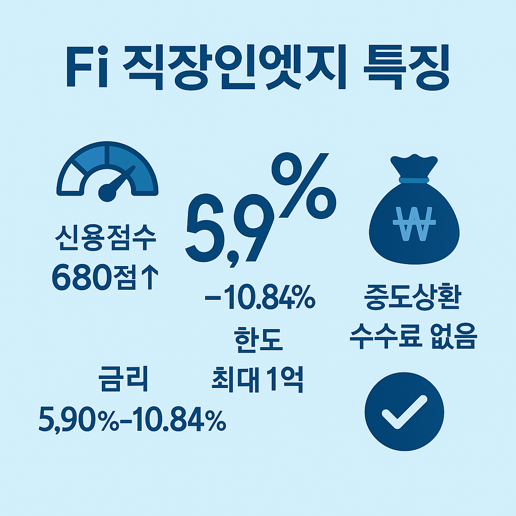 다올저축은행 Fi 직장인엣지는 신용점수 680점 이상, 금리 5.90%~10.84%, 최대 한도 1억원, 중도상환 수수료 없음이 특징인 인포그래픽 이미지