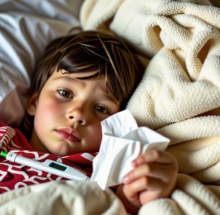 침대에 누워있는 기침하는 어린아이