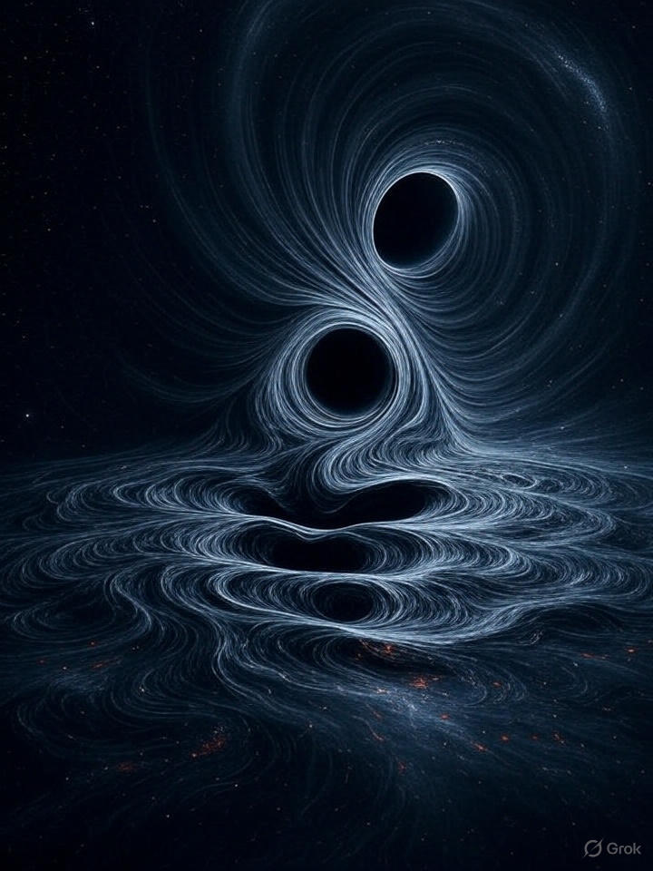 깊은 우주를 배경으로, 뜨거운 목성의 붉은빛 유황산 비와 얼음 거인의 푸른빛 다이아몬드 비를 상징하는 추상적인 기상 현상. 중앙에는 행성과 항성 간의 상호작용을 나타내는 에너지 파동과 빛의 굴절, 그리고 희미한 은하와 별들이 배경에 펼쳐진 신비로운 장면