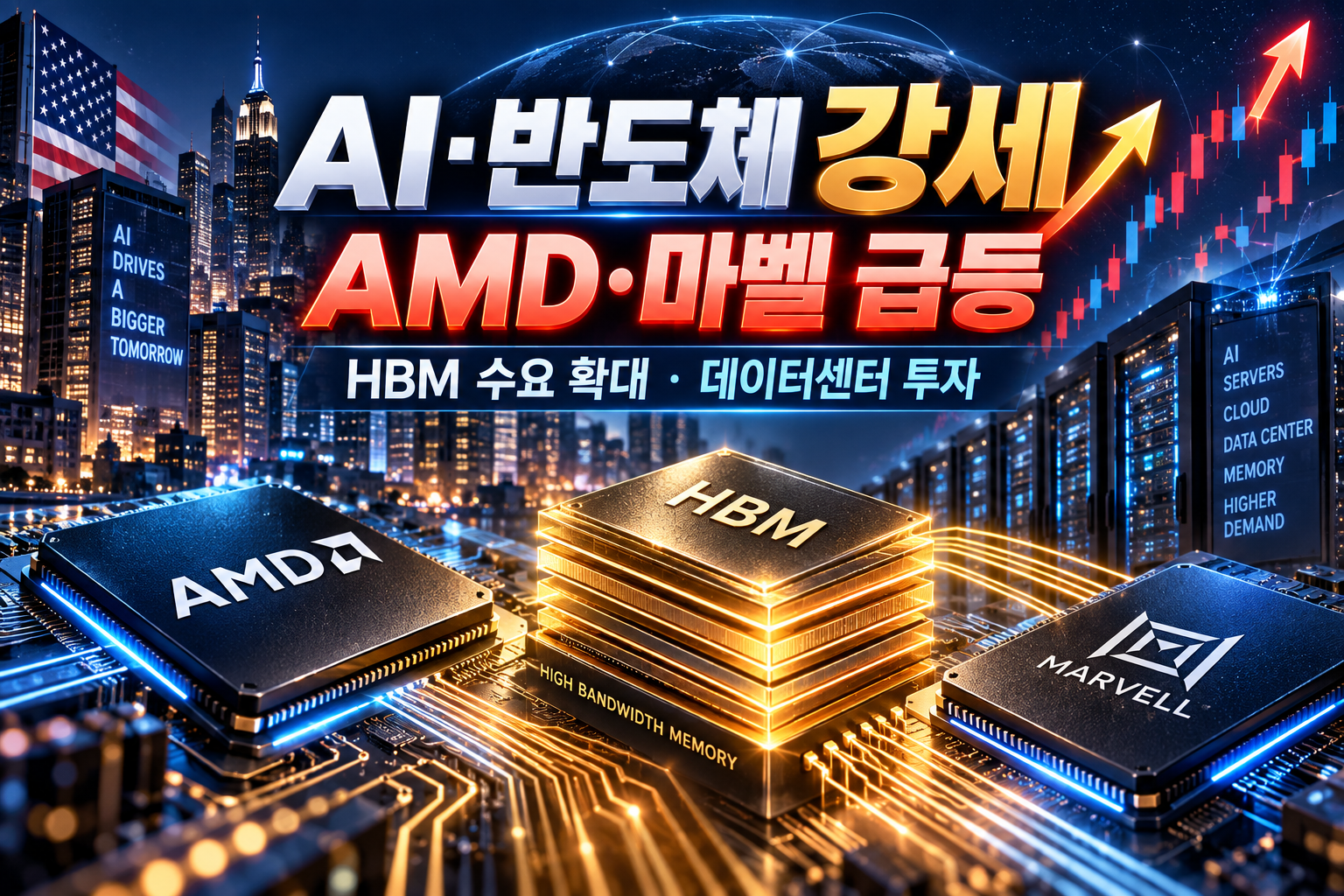 미국 AI 반도체 상승과 AMD 마벨 데이터센터 HBM 수요 증가를 표현한 이미지