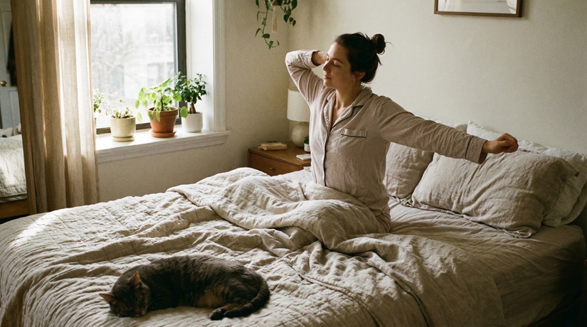 아침 스트레칭으로 신체 에너지를 깨우는 모습