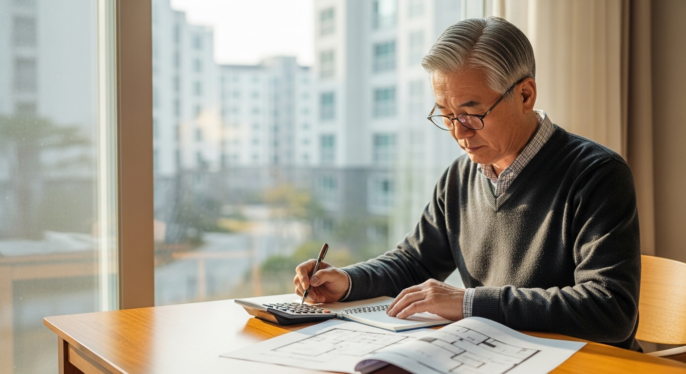 노트북과 계산기로 전세가율을 확인하며 예산을 계산하는 은퇴자의 손