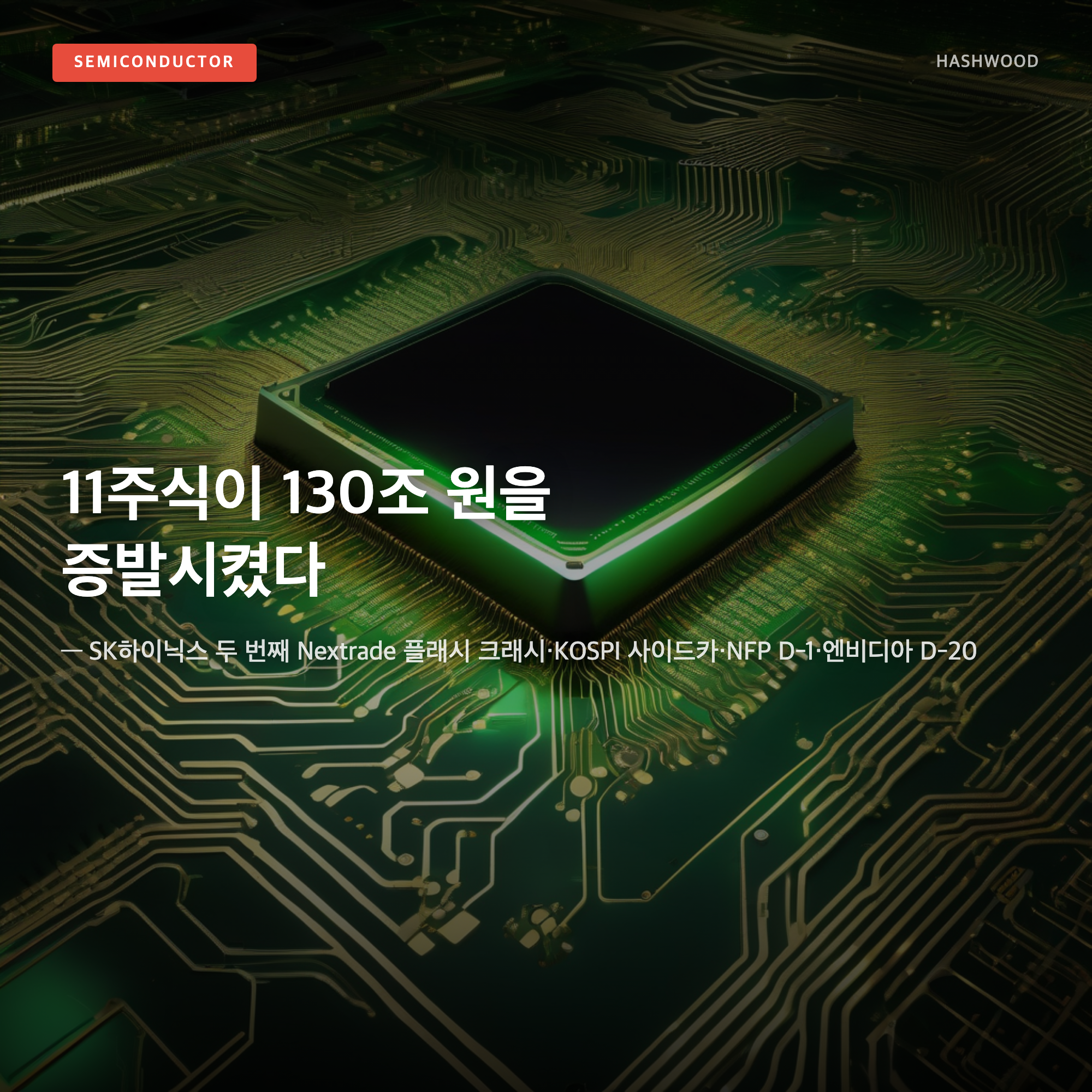 그림: 11주식이 130조 원을 증발시켰다 — — SK하이닉스 두 번째 Nextrade 플래시 크래시·KOSPI 사이드카·NFP D-1·엔비디아 D-20