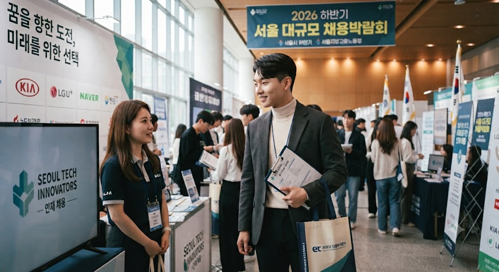 채용박람회에 가서 구직활동을 하고 있는 청년