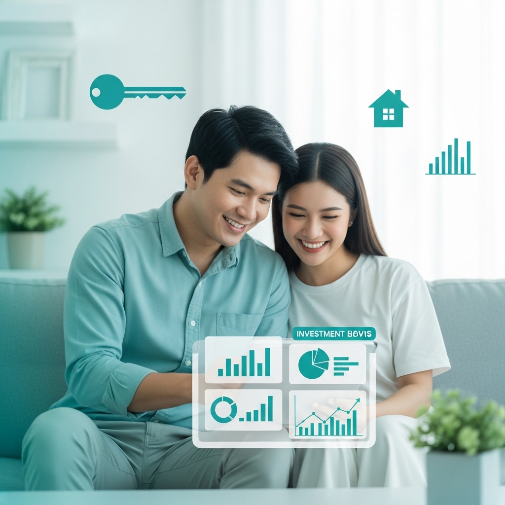 2025년, 밝고 현대적인 거실에서 신혼부부가 태블릿을 보며 소액 리츠 투자를 통해 내집마련의 꿈을 계획하는 모습.