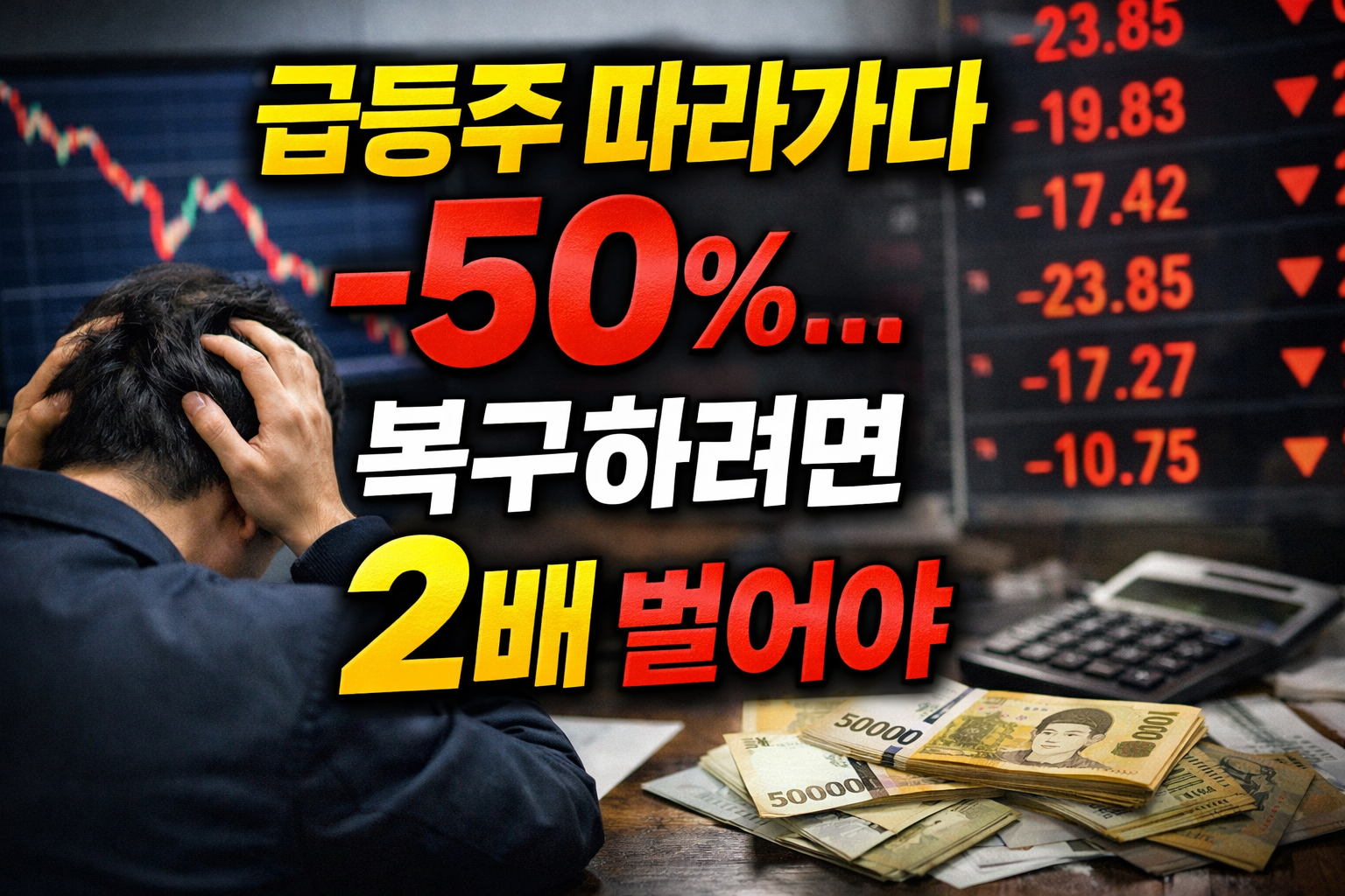 급등주 추격 매수로 -50% 손실을 기록한 투자자와 하락하는 주가 차트, 손실 복구의 어려움을 보여주는 이미지