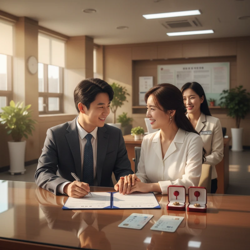 2025년 최신 가이드에 따라 구청에서 혼인신고를 진행 중인 신혼부부의 모습