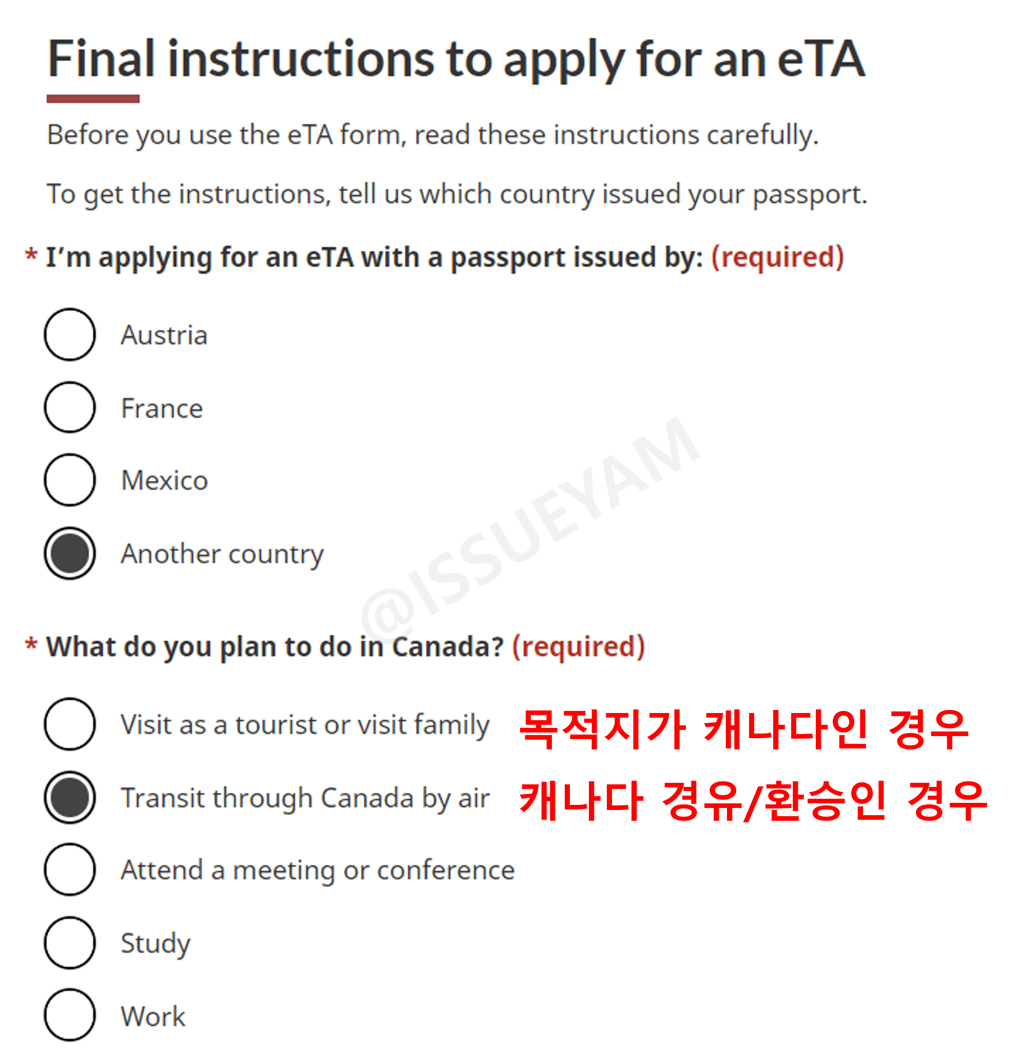 국적과 방문 목적 선택