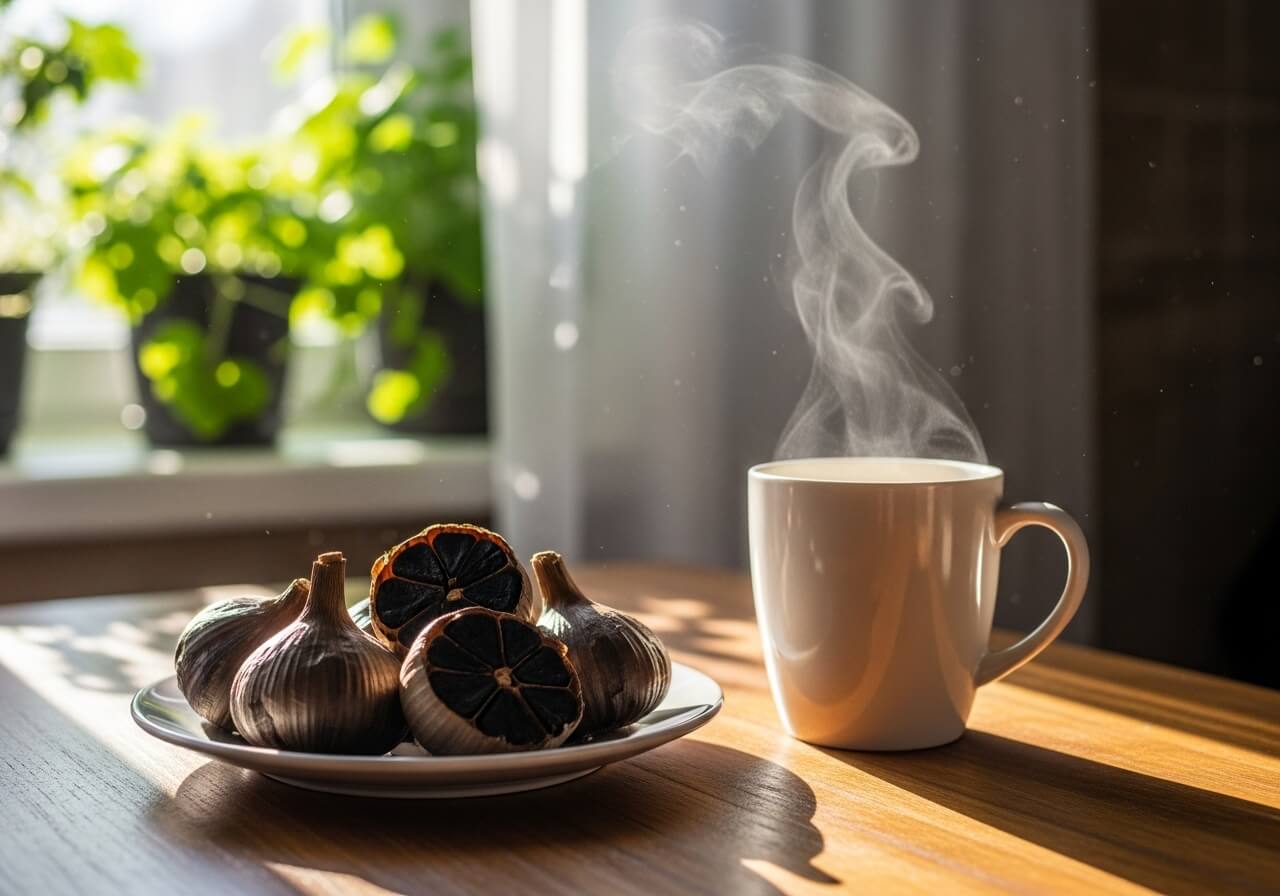 따뜻한 햇살이 비추는 창가에 놓인 흑마늘과 김이 나는 머그컵, 자연스럽고 건강한 분위기의 아침 장면