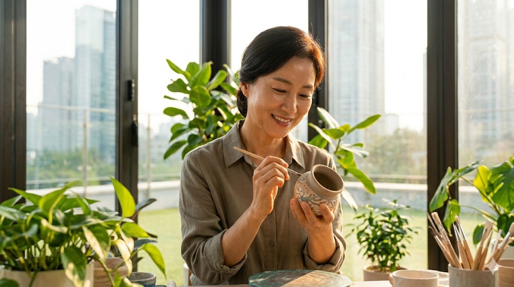 화분들로 가득 찬 밝은 공간에서 세밀하게 도자기에 그림을 그리며 집중하고 있는 50대 여성의 평온하고 창의적인 모습