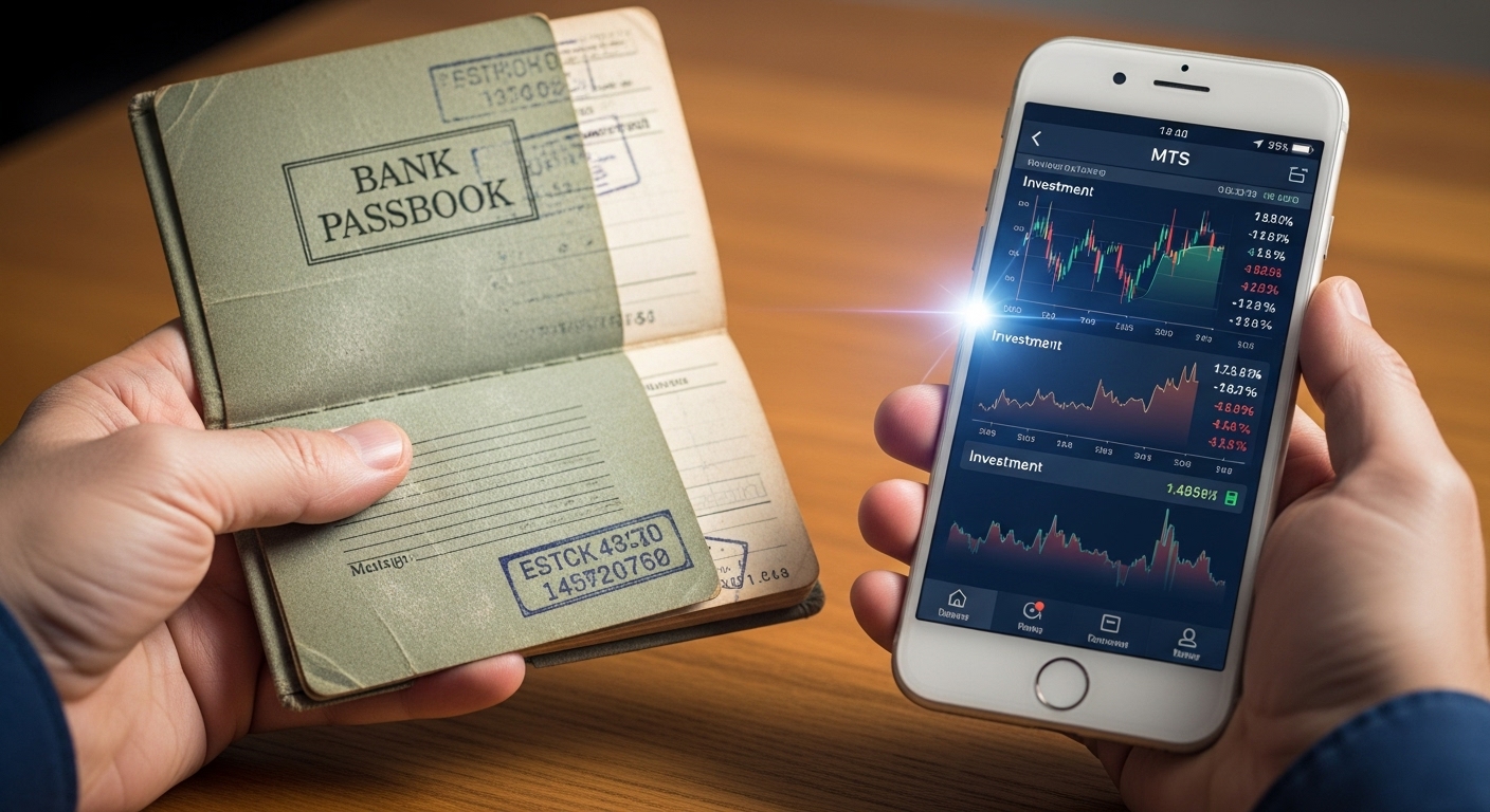 한 손에는 오래된 적금 통장을, 다른 한 손에는 투자 앱(MTS)이 켜진 스마트폰을 들고 고민하는 모습