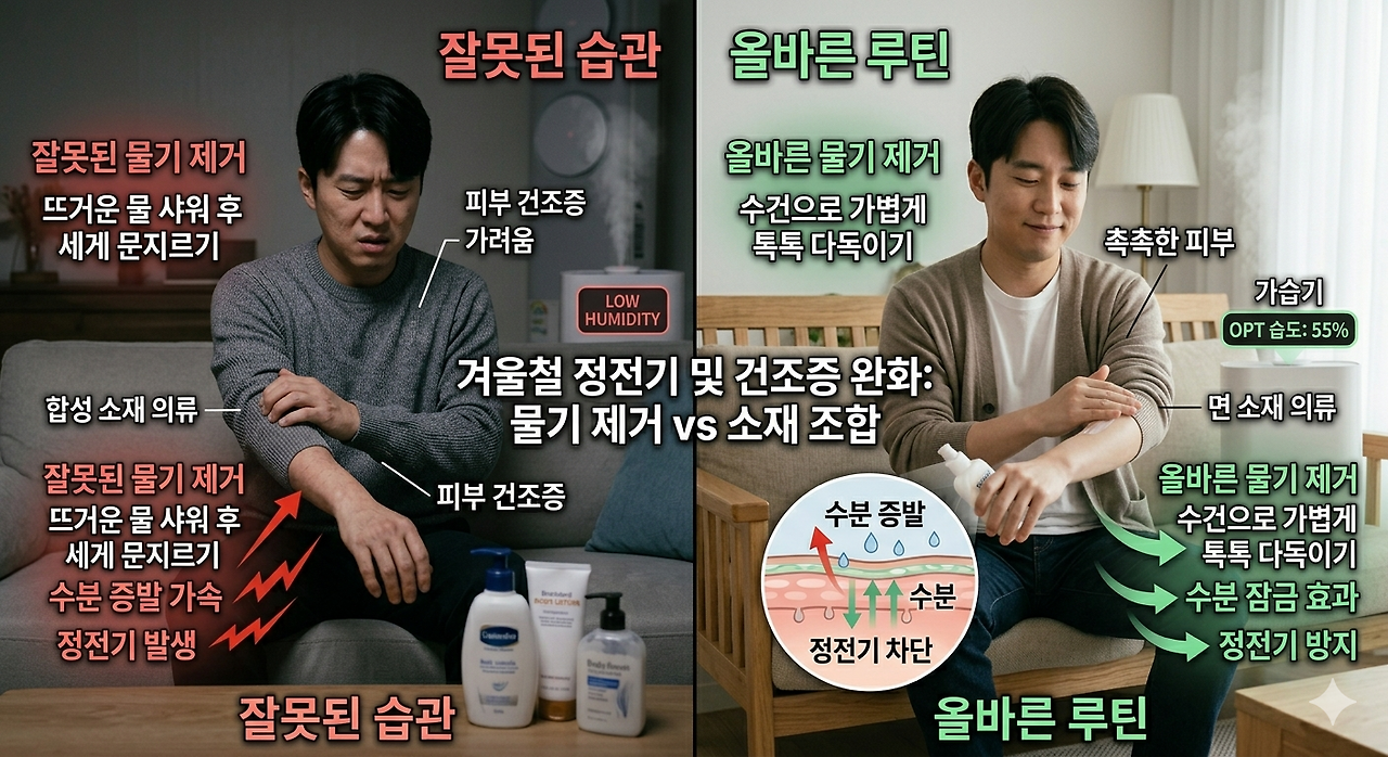 겨울철 정전기 방지와 피부 건조증 해소를 위한 올바른 보습 유지 관리법과 의류 소재 선택 가이드